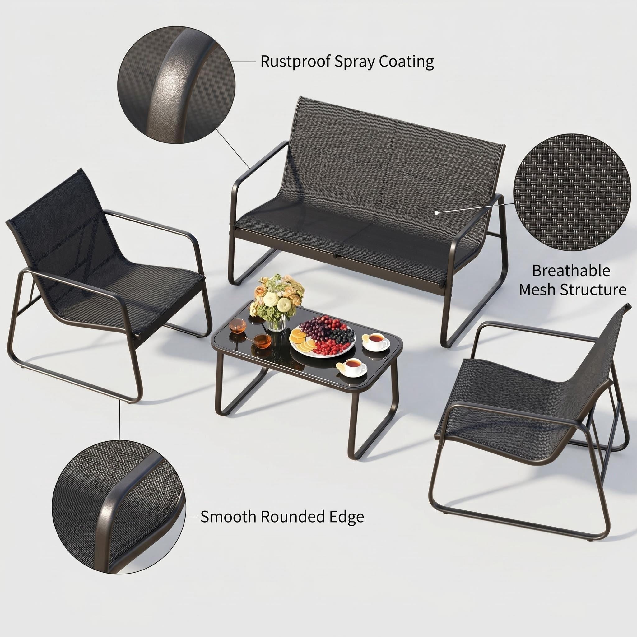 4 Piece Patio Furniture Set, Lofka Outdoor Patio Furniture with Loveseat, 2 Single Chairs and Glass Coffee Table, for Backyard, Balcony, Lawn,Black