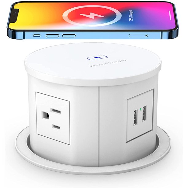 Kamileo Automatic Pop up Power Outlet with 10W Wireless Charger,Pop up Electrical Outlets for Countertops,4.7'' Diameter Round Pop Up Counter Outlet ...