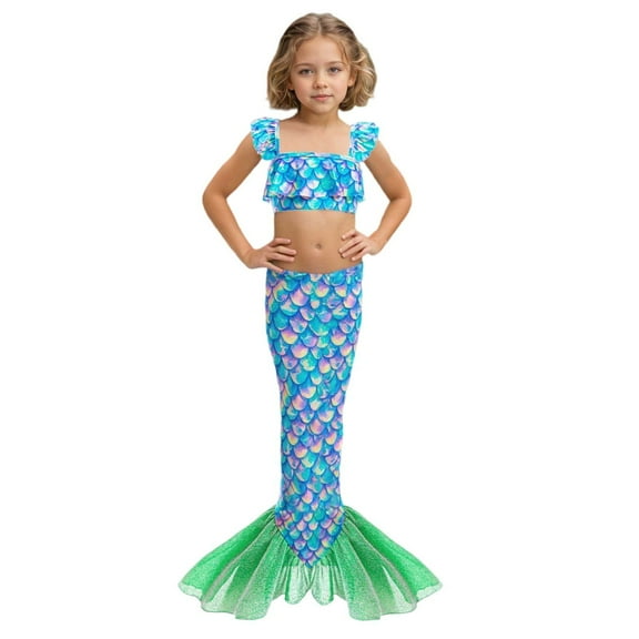 CAIXIA Toddler Swimsuit Girl 2t Sequin Dress Kid Tail 3pcs Bathing Suits Cover Ups for Swimwear,7-8 Years