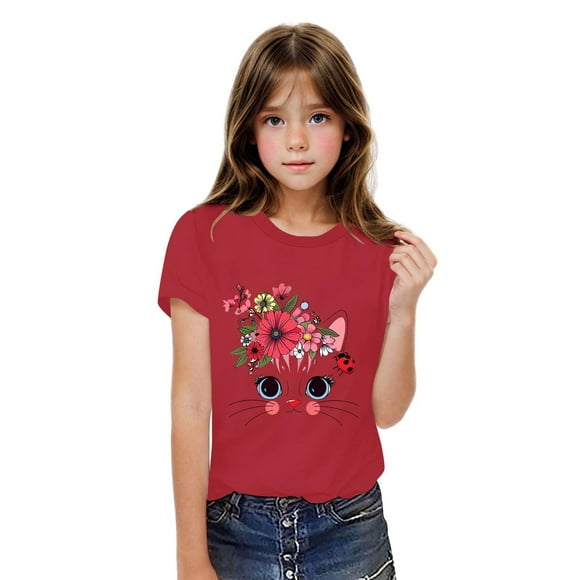 Kids T Shirt Flower Cat Graphic Shirt Summer Girls Floral Cat Tops White Short Sleeve Wild Tee Cute Animal Cartoon Cat T-Shirt