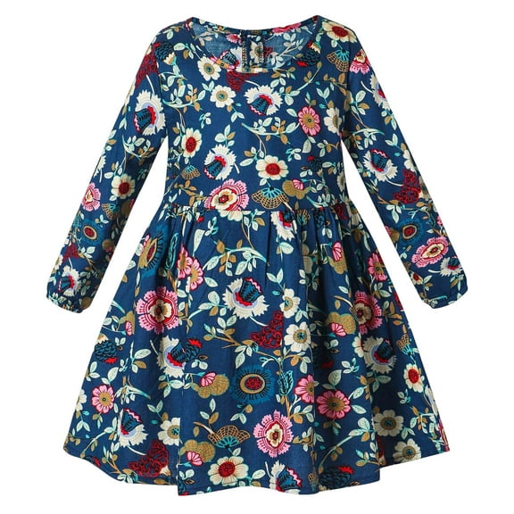 BOBOGOJP Girls Midi Dress Long Sleeve Dresses Ruffled Sleeve Dresses for Fall Winter 3-14Y Navy for Size 5-6 Years