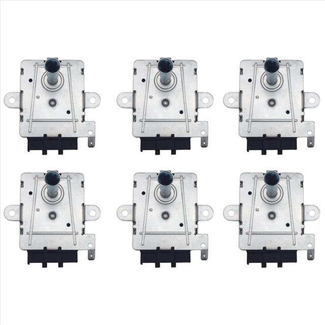 6x gas propano lpg eléctrico 6 vatios independiente parrilla horno barbacoa motor síncrono ac 220 v, t Seis motores síncronos color plata en dos filas, vista frontal centrada con ejes cortos, carcasa metálica rectangular con pestañas de montaje laterales y conector negro en la base; 220-240VAC, 50-60Hz, 3-4 RPM. A menudo usados en asadores y hornos de parrilla.