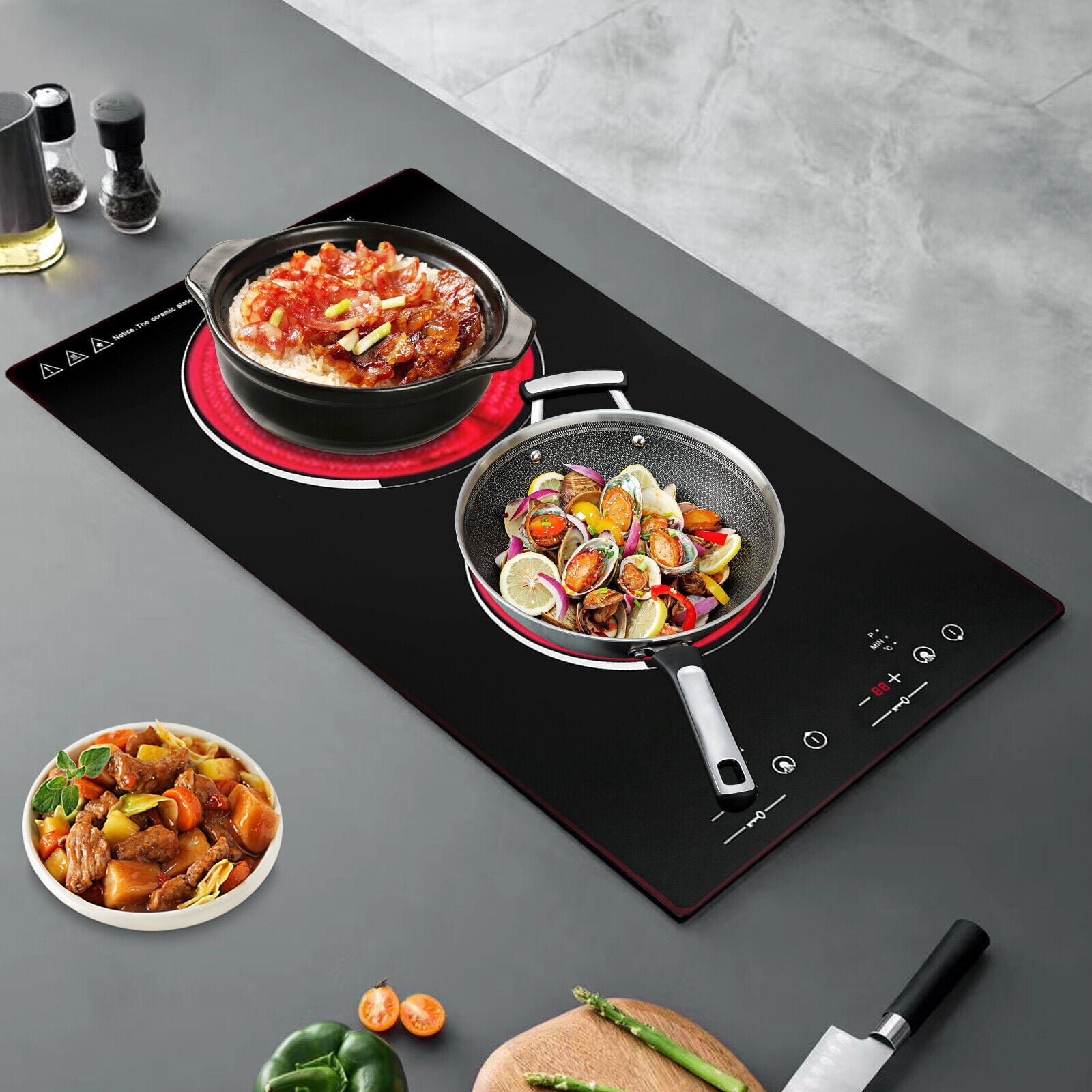 2 Burners Modern Electric Cooking Stove Ceramic Cooktop Touch Control 1500W 140-482°F Black 20.08*11.34in