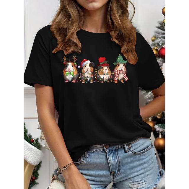 Camiseta De Mujer De Verano Suave Y Ligera Básica Para Llevar DeportesCharming Christmas Hamster Print T-Shirt for Women - Casual Crew Neck, Short Sleeve Top, Breathable Polyester, Machine WashableF