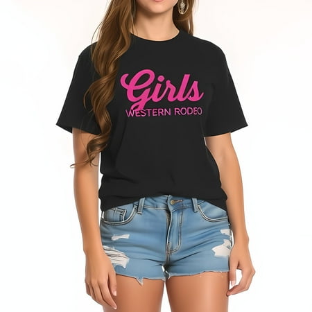 Girls Western Rodeo Graphic Cotton Short Sleeve T-Shirt - Hot Pink Design on Black Tee Casual Summer Style