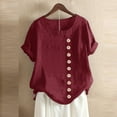 thumbnail image 2 of Pompotops Womens Plus Size O-Neck Short Sleeve Print Buttons Cotton Linen Vintage Tops, 2 of 4