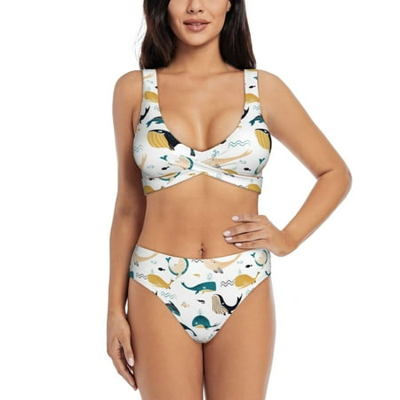 Zeuib Cute Whale High Waisted Tummy Control Bikini Set - Knot Front Push Up Top & Cheeky Thong Bottom  Two-Piece Swimsuit for Women-XX-Large