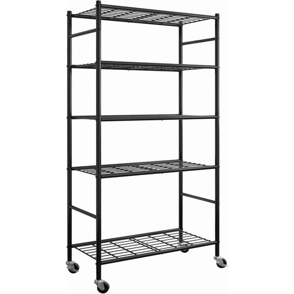 Storage Shelves Organizer - 5 Tier Metal Shelf Organizer with Metal Wheels and Adjustable Leveling Feet, Heavy Duty Garage Shelving for Kitchen, Pantry and Closet, 33.1"x12.6"x73.5", Black
