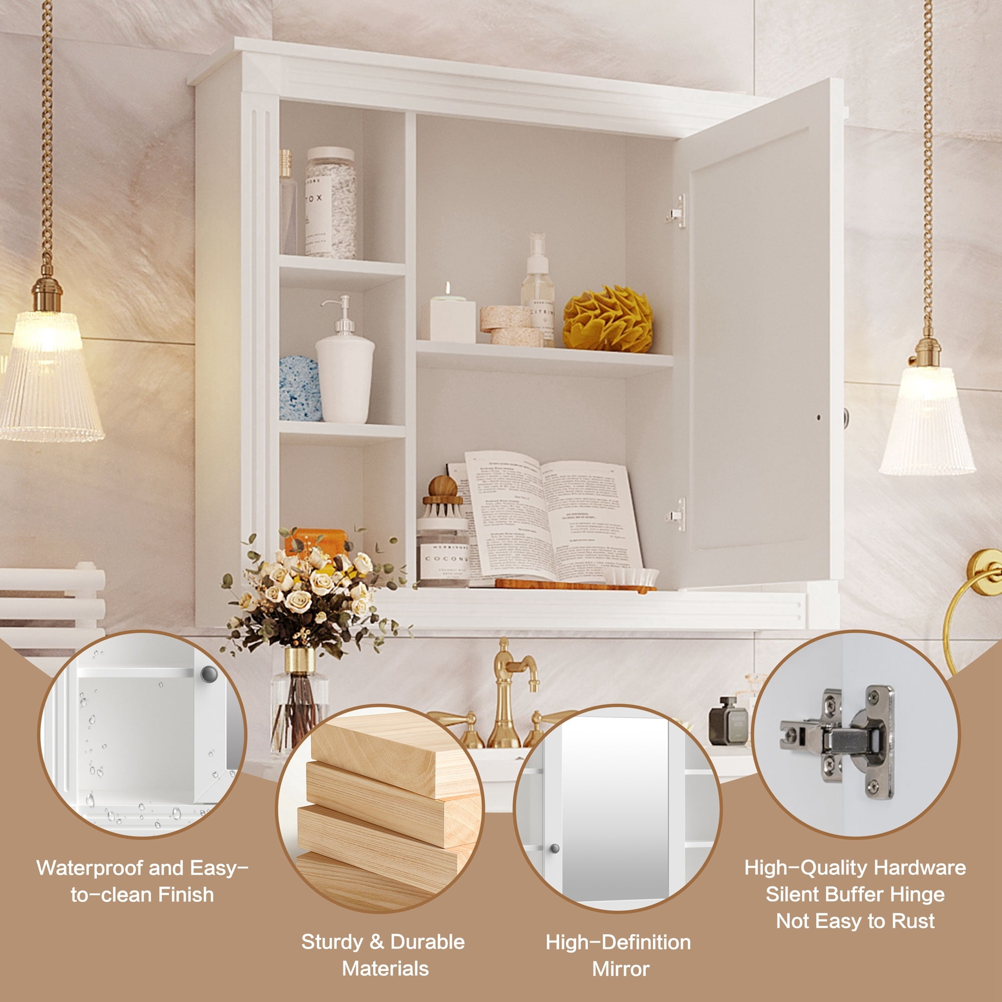 35'' x 28'' Wall Mounted Bathroom Storage Cabinet, White Medicine Cabinetwith Mirror, Mirror Cabinet and 6 Open Shelves