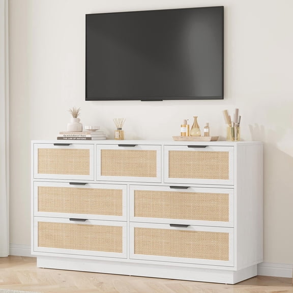 Modern White 7-Drawer Rattan Dresser Wooden Storage Cabinet with Integrated Legs for Bedroom Entryway, Antique White