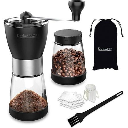 

KitchenPROP Manual Coffee Grinder 14 Pcs Set with 2 5.5 Oz Glass Jars Adjustable Ceramic Burrs Hand Coffee Mill Cleaning Brush 10 Pcs Filter Cups Bag
