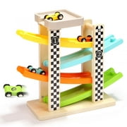 Race Track Car Ramp with 4 wooden Mini Cars- Gift for 2-year