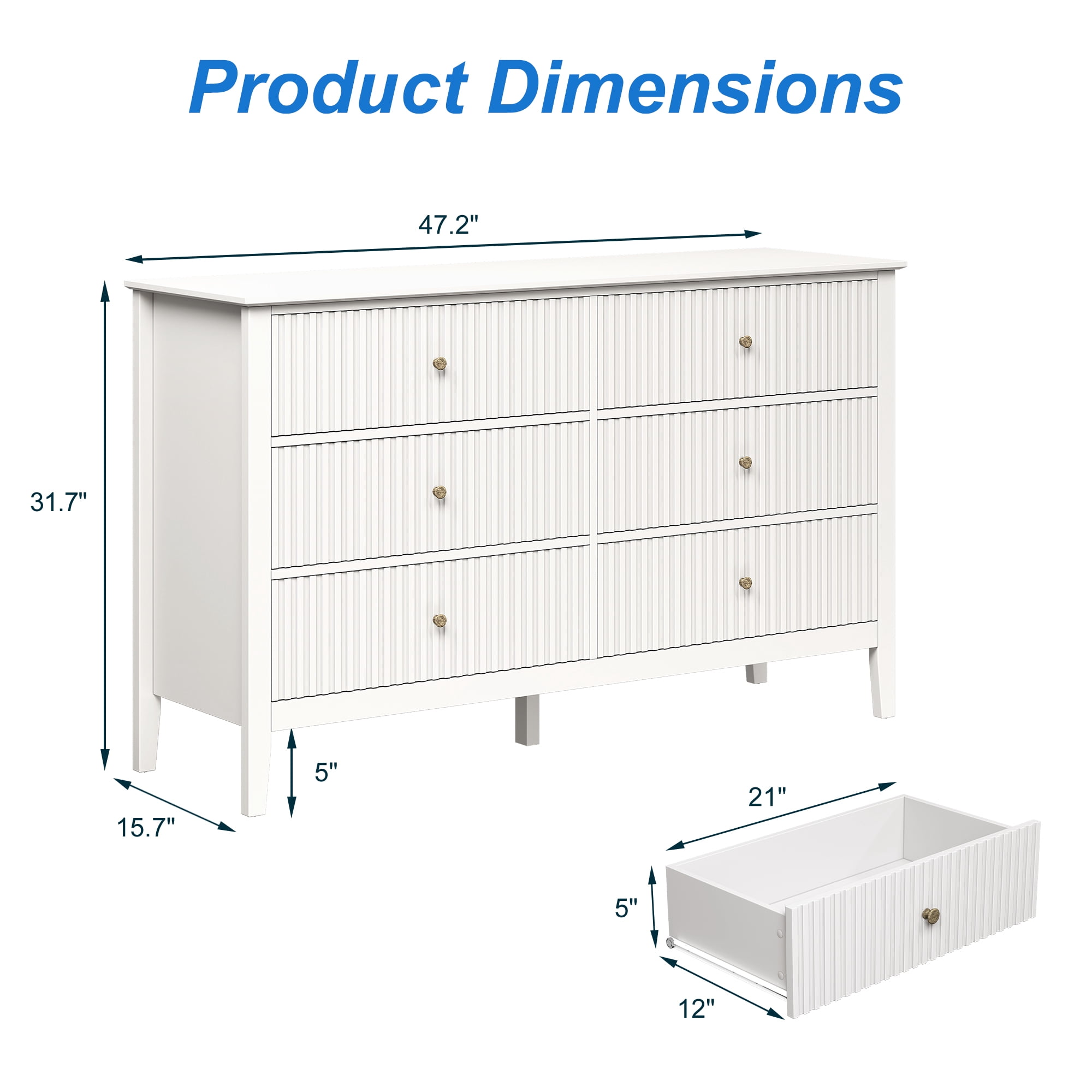 May in Color Fluted 6 Drawer Dresser, Wide Modern Chest of Drawers, Large Wood Storage Cabinet Organizer for Bedroom, Living Room, Hallway, Entryway, White