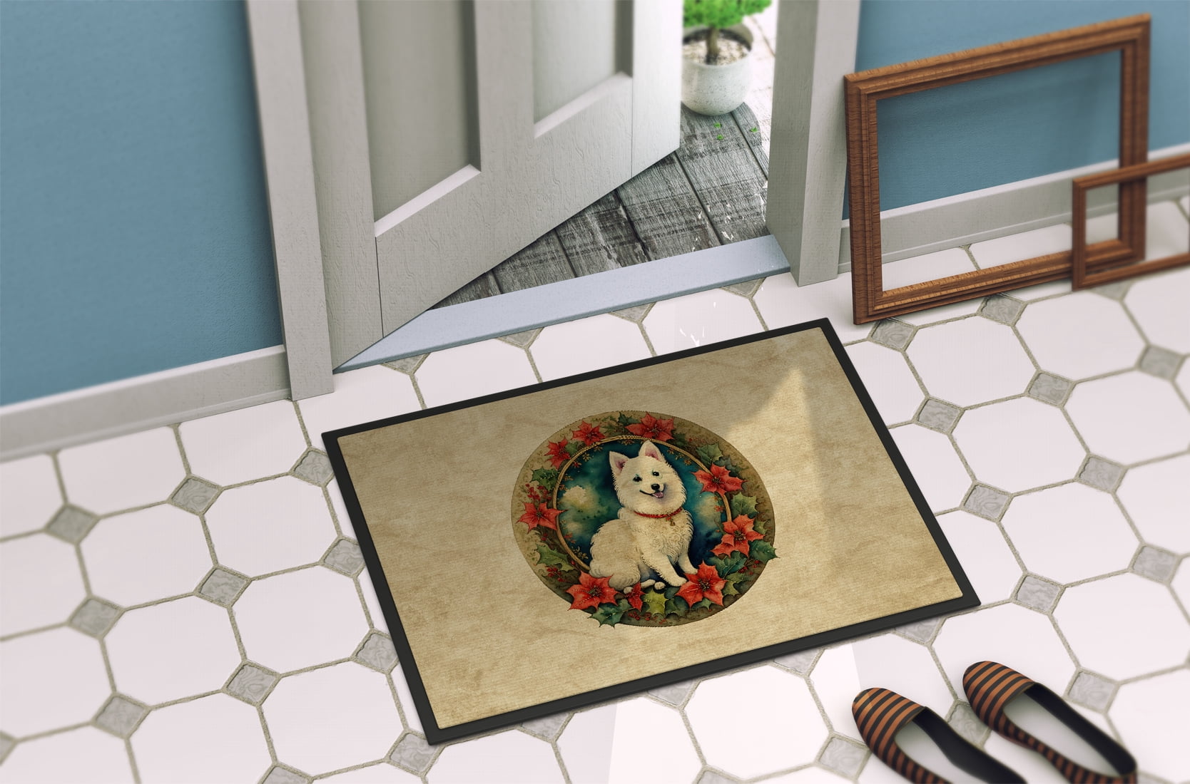 Carolines Treasures DAC2382MAT 18 x 27 in. Unisex Japanese Spitz Christmas Flowers Doormat