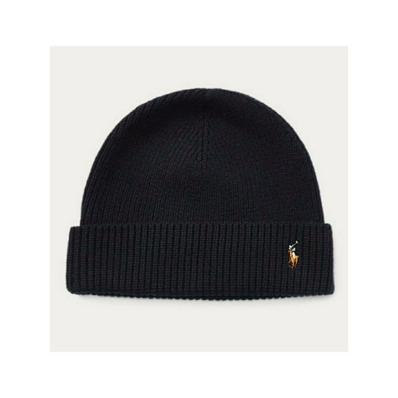 RALPH LAUREN Mens Navy Embroidered Logo Cotton Fitted Water Repellent Cuffed Insulated Winter Beanie Hat Cap