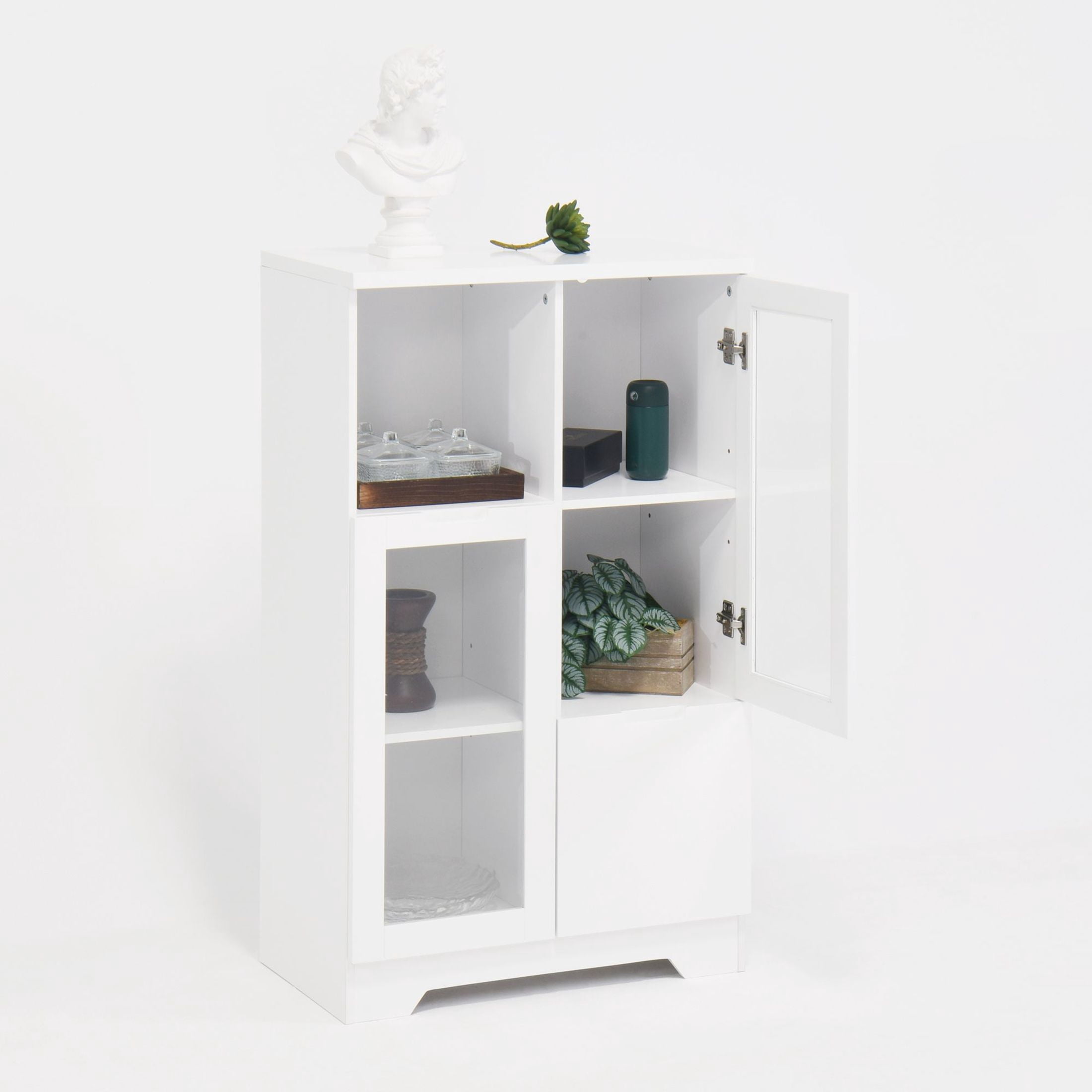 Noble House Storage Cabinet with Glass Doors and Drawer, Adjustable Shelves, White