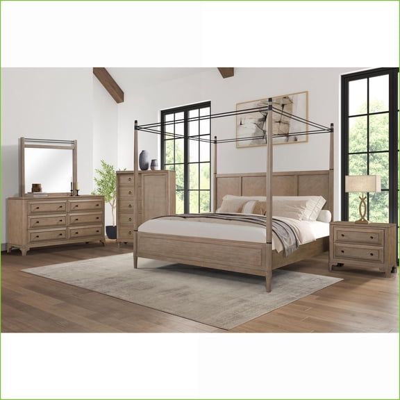 Bedroom Furniture Set, Queen Canopy, Sand Finish with USB Nightstand, Dresser w/ Mirror & Door Chest | Solid Wood MDF | Canopy Beds