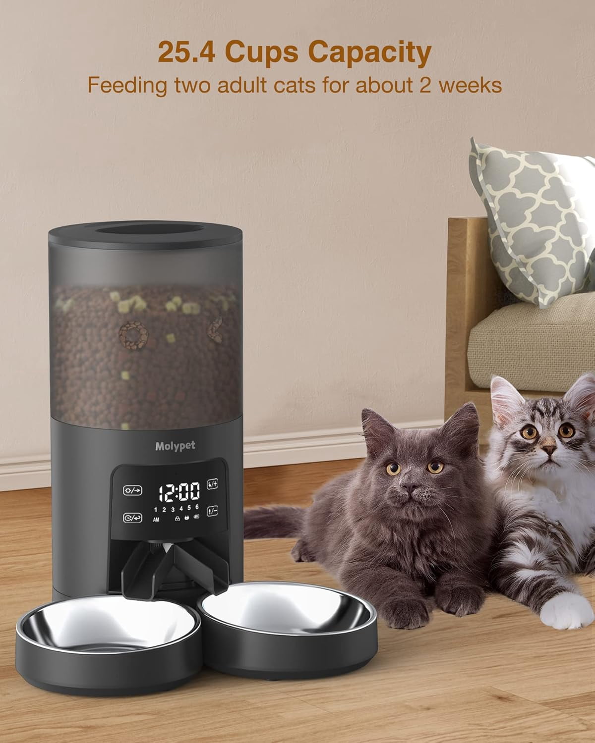 Automatic Cat Feeder for 2 Cats - 6L Dual Bowl Dispenser with Voice Recorder & Programmable Timer