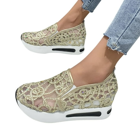 

f21 Fashion Womens Casual Shoes Breathable Wedges Thick Soled Outdoor Leisure Shoes Womens Platform Sneakers Size 8 Gold Wide