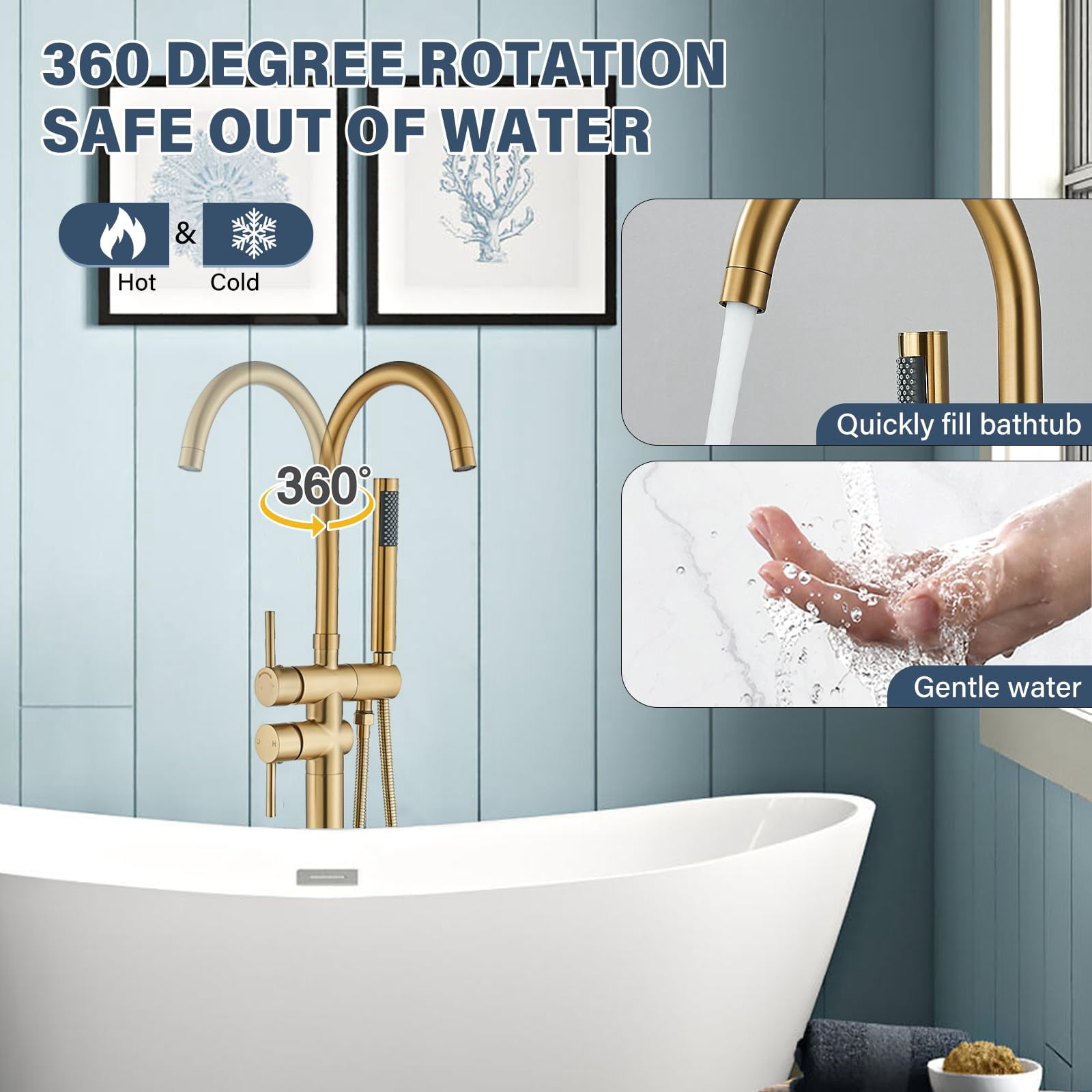 Freestanding Bathtub Faucet Brushed Gold High Arc Floor Mounted Solid Brass