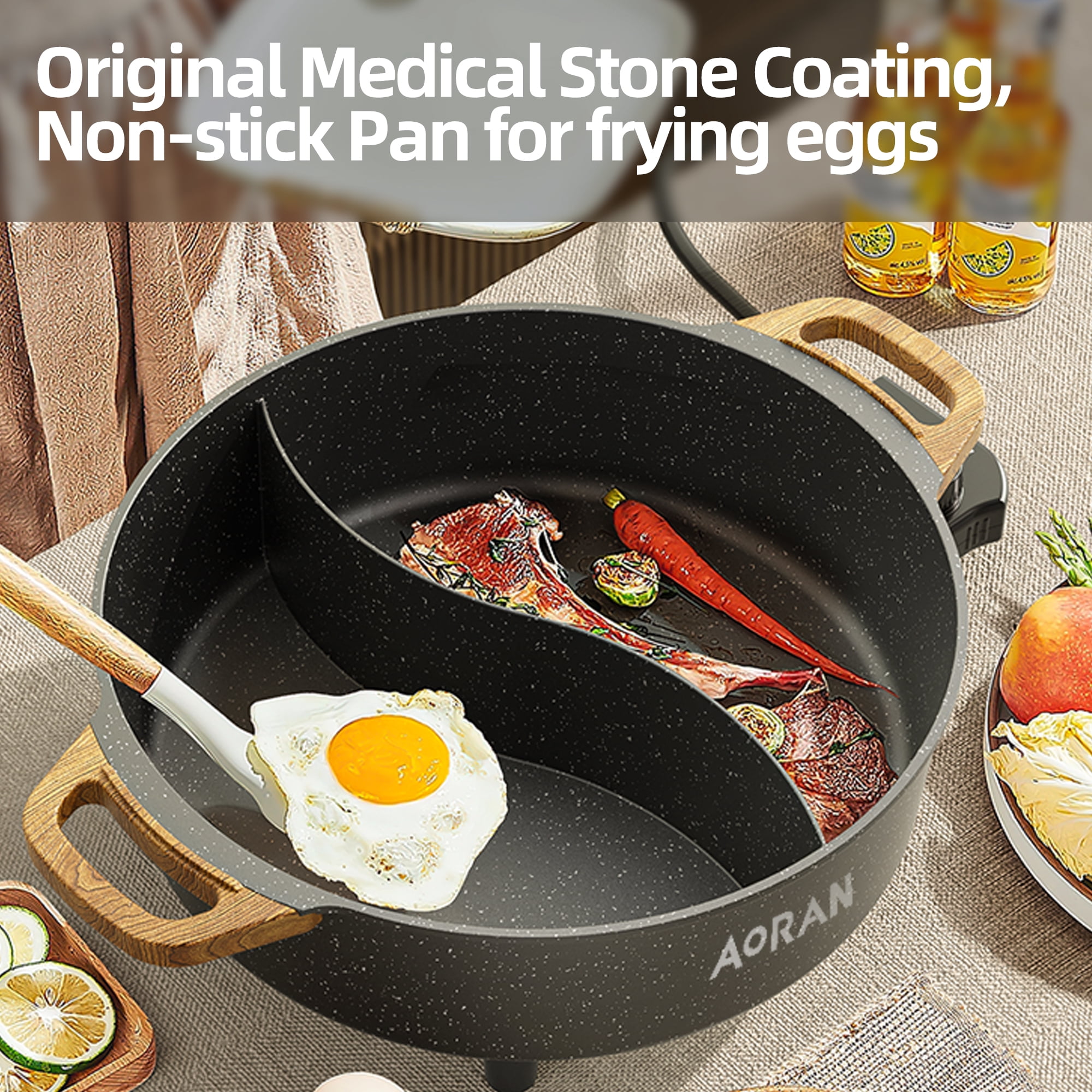 AORAN Electric Hot Pot with Divider, 6L Large Capacity Double-Flavor Non-stick Pot, Smokeless Cooking Pot with Temperature Control, Suitable for 2-8 People
