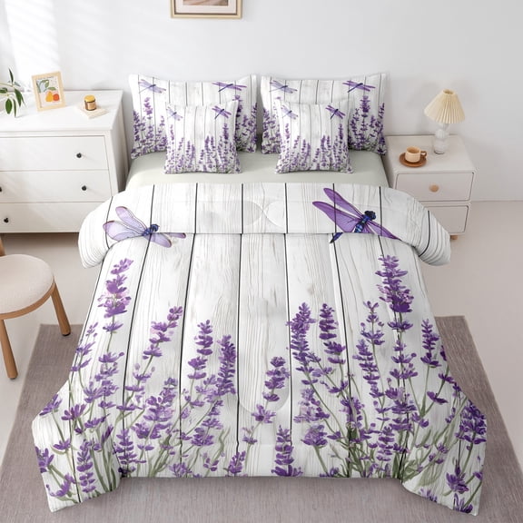 Homewish Purple Lavender Plant Twin Bedding Sets 7-Piece, Grey Old Barn Door Bedding Comforter Set