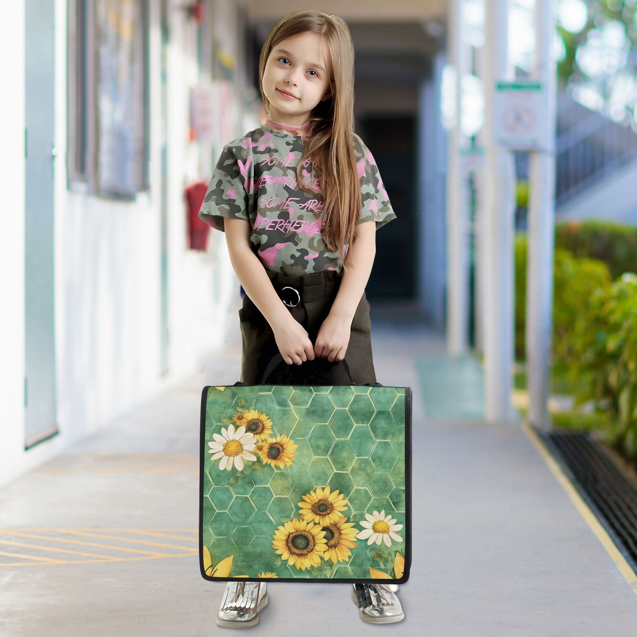 3 Ring Zipper Binder with Shoulder Strap Waterproof Trapper Keeper 2 Inch D-Ring 500 Sheets Capacity Bee Beehive Sunflower