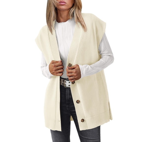 LILLUSORY Women V Neck Sweater Vest 2026 Fall Trendy Oversized Sleeveless Long Cardigan Casual Button Knit Vest Dress Tops Winter Fashion Office Work Outfits Cute Clothes Outwear Beige L