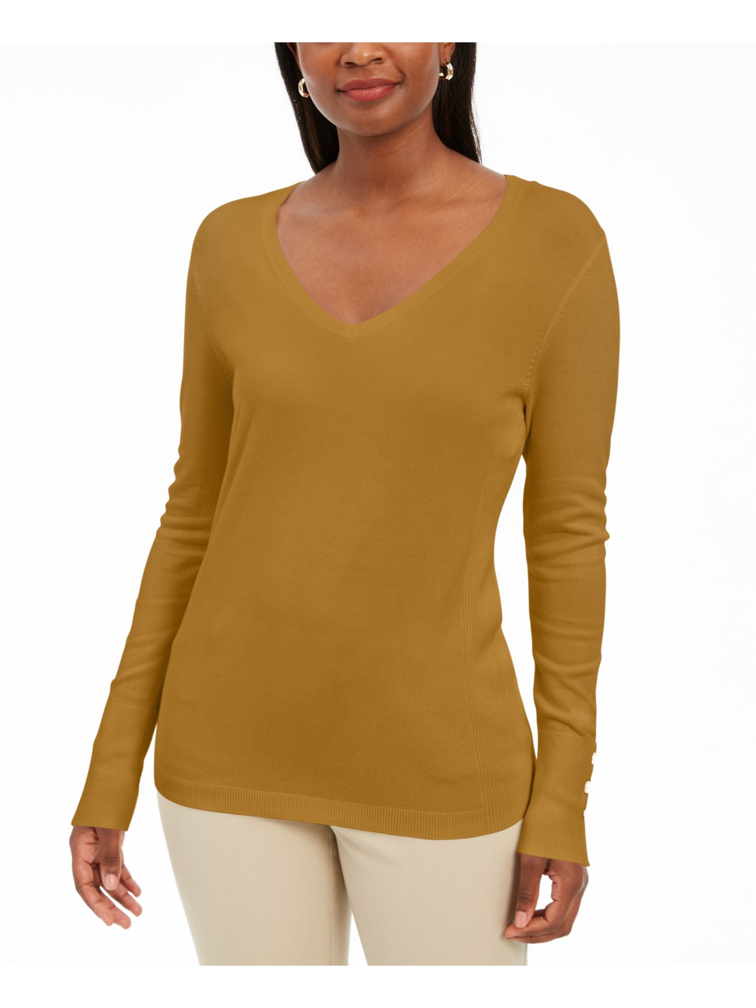 JM COLLECTION Womens Gold Long Sleeve V Neck TShirt Size S