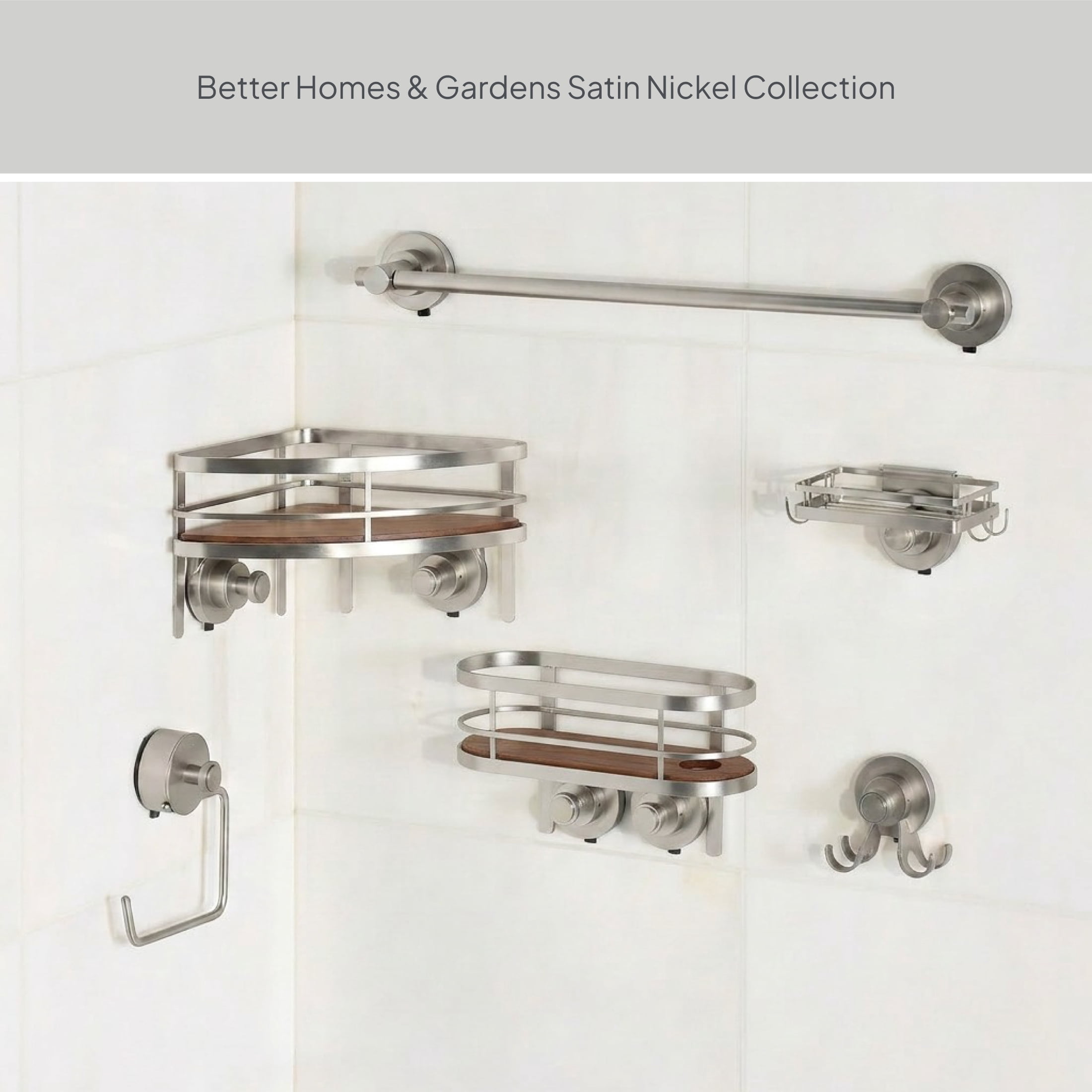 Better Homes & Gardens StyleGrip™ Suction Mount Shower Caddy with Acacia Wood Tray, Satin Nickel