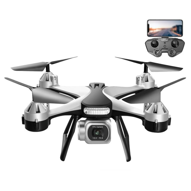 jc801 con cámara 800w wifi fpv rc drone onekey return control trayectoria vuelo gesto fotografía drone — Vista frontal centrada de cuadricóptero plateado y negro con cámara FPV montada en la parte frontal, cuatro hélices desplegadas, patas de aterrizaje y luz frontal; control remoto con soporte para smartphone en la esquina. Tamaño aprox. 27 x 27 x 10 cm desplegado; funciones visibles: retorno con un botón y transmisión WiFi en tiempo real. Apto también para practicar fotografía aérea básica.