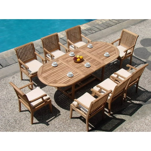 Teak Dining Set:8 Seater 9 Pc - 94" Double Extension Mas Oval Table(Trestle Leg) And 8 Sack Arm Chairs Outdoor Patio Grade-A Teak Wood WholesaleTeak #WMDSSK5
