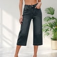 thumbnail image 3 of Capri Jeans for Women Elastic High Waist Relaxed Fit Washed Blue Wide Straight Leg Denim Capris with Pockets Cropped Jeans, 3 of 8