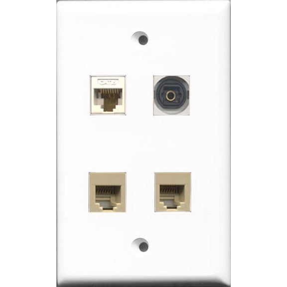 RiteAV - 2 Port Phone RJ11 RJ12 Beige and 1 Port Toslink and 1 Port Cat6 Ethernet White Wall Plate
