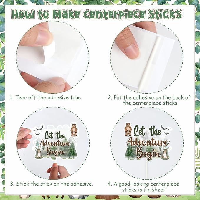 Woodland Baby Shower Decorations Boy Girl, 24pcs Let The Adventure Begin Centerpiece Table Decoration, Double-Sided Forest Animals Centerpieces Stick for Adventure Awaits Party Decorations