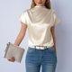 thumbnail image 3 of Camisetas de Manga Corta de Cuello Alto para Mujeres Moda Casual Primavera Cuello Redondo Medio Cuello Alto Hombro Izquierdo Plisado Superior, 3 of 6