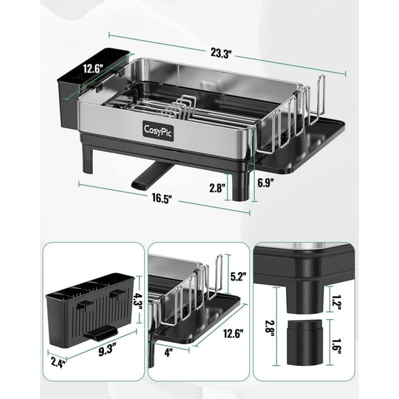 Premium 304 Stainless Steel Dish Drying Rack with Automatic Drainage and Utensil Holder for Kitchen Counter, Black