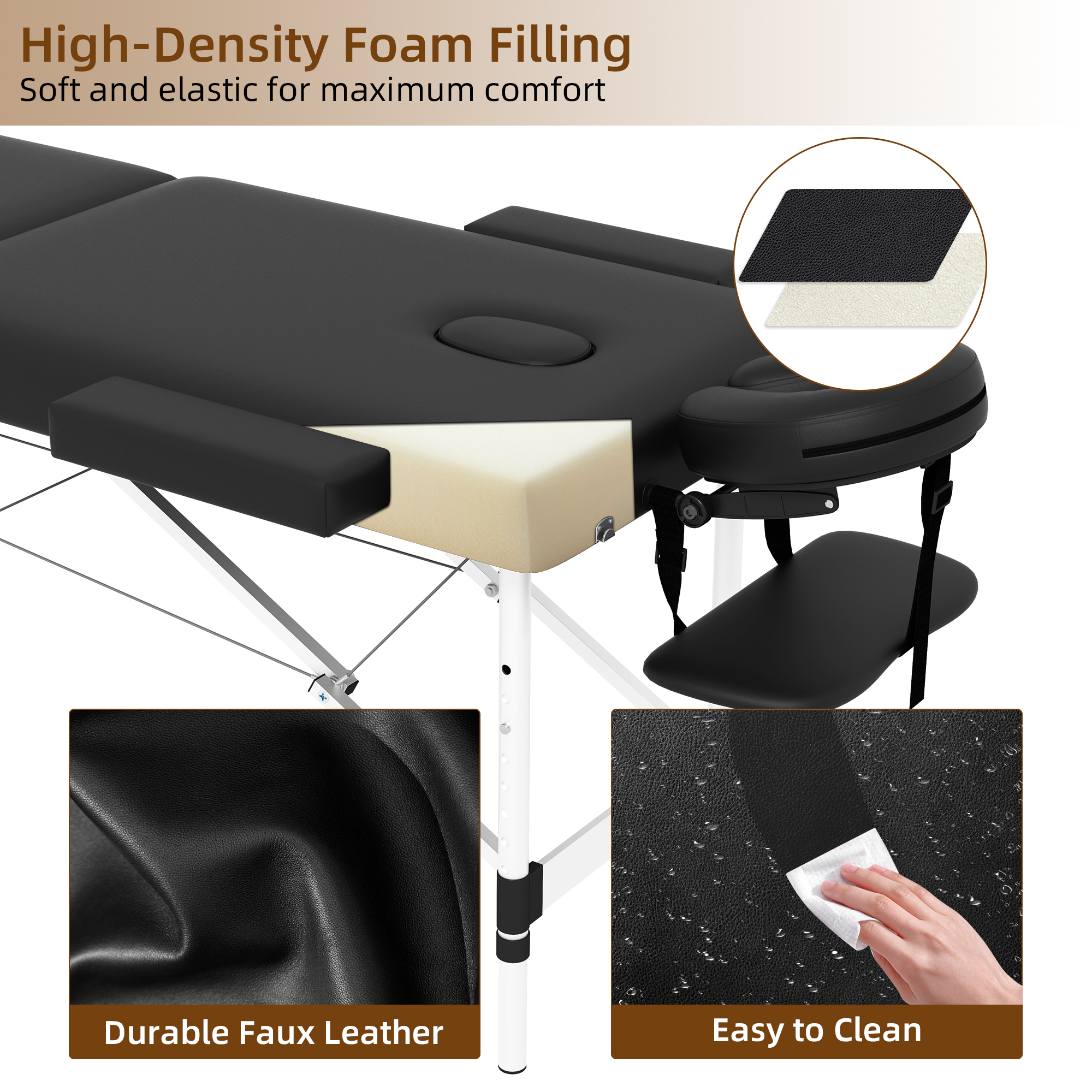 Westice Portable 2-Section Foldable Massage Table with Adjustable Height, Face Cradle, Aluminum Frame, Ideal for Spa, Tattoo, Lash & Facial Services, Black
