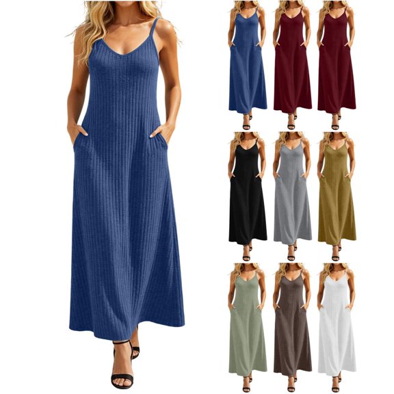 Bxsruta Women's Ribbed Knit Spaghetti Strap Maxi Dress with Pockets Casual Sleeveless V Neck Long Dress a Line Pull on Lightweight Soft Breathable Everyday Summer Dress