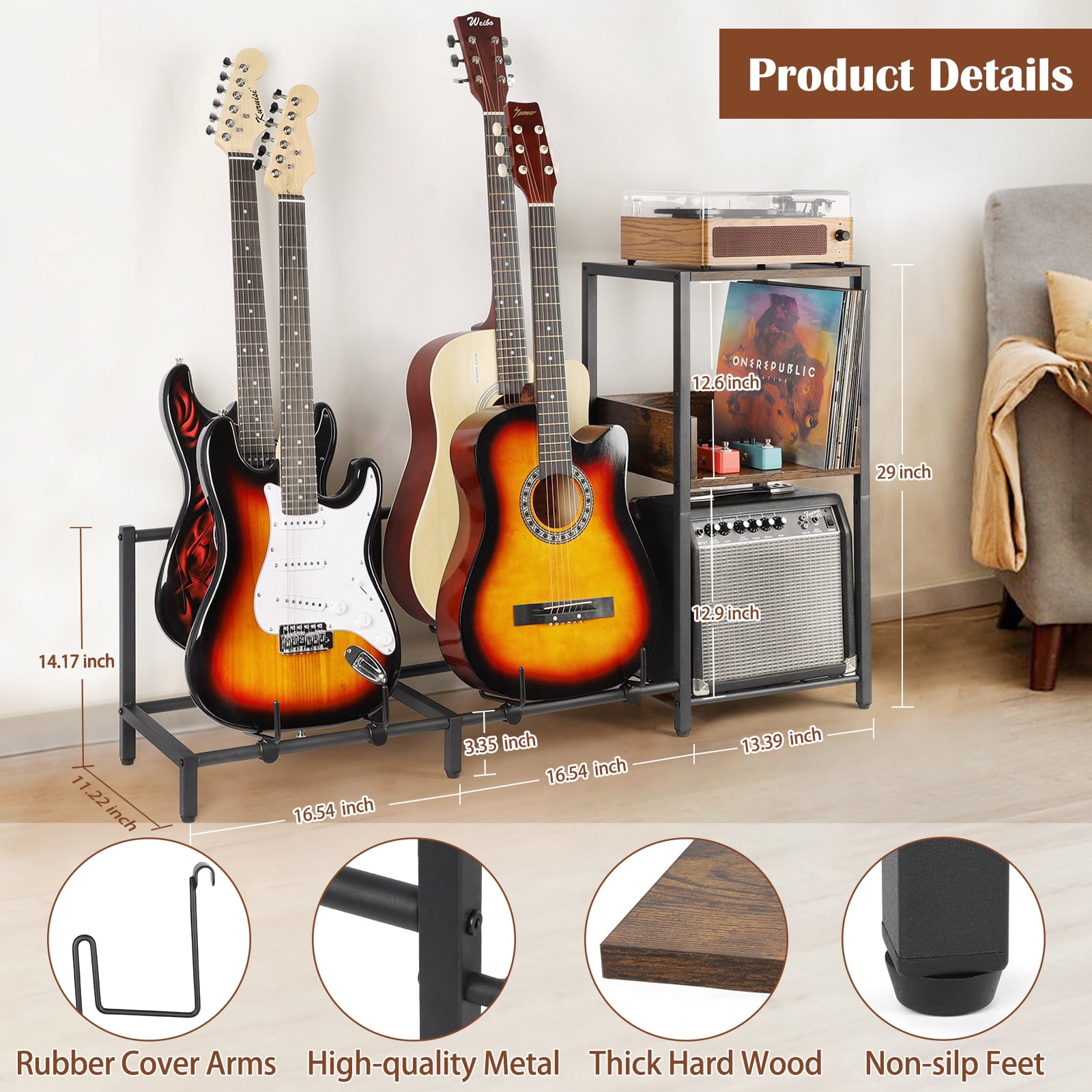 Olakee Adjustable 4-Tier Guitar Stand for Acoustic Electric Bass, with Wood Shelf for Amp Accessories Vinyl Records, Home Studio Rack (Patent)