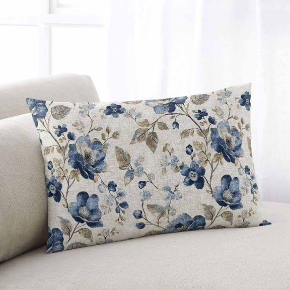 Blue Flowers Throw Pillow Cover Case, Couch Sofa Bed Pillowcase, Soft Decorative Lumbar Pillow Protector, Botanical Floral Leaves Retro Watercolor 12x20Inch Reversible Pillow Shams with Zipper