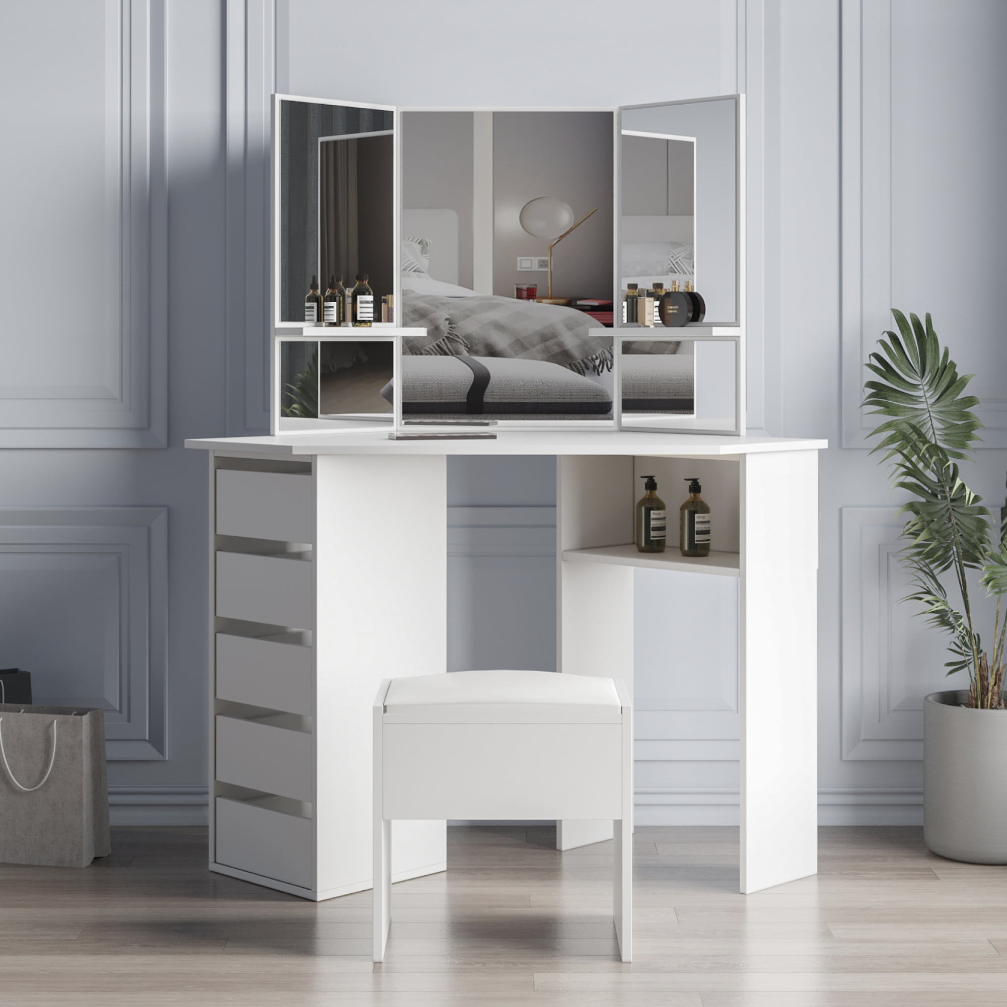 White 4HOMART Corner Makeup Table Wood Dressing Table with 3 Mirrors 5 Drawers and Stool Vanity Table with Storage shelves for Girls and Women 