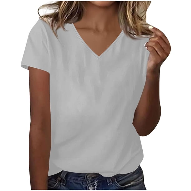 Blusas de Manga Corta para las Mujeres Verano Color Sólido V-Cuello Blusa de Manga Corta, Poliéster Casual Top para las Mujeres, Lavado a Mano Toda la Temporada