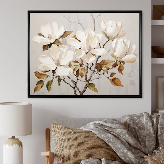Designart "Blossoming Beauty In Beige And Gold Magnolias III" Magnolias Floater Framed Canvas Prints