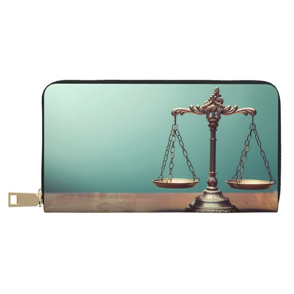 Leather Thin Slim Wallets for Women Men - Vintage Brass Balance Scale Clutch Card Wallet for Women Men with Zipper