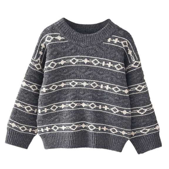 LEKWK Kids Knit Sweater Geometric Print Crew Neck Tops Long Sleeve Pullover Fair Isle Graphic Warm Soft Casual School Holiday Wear