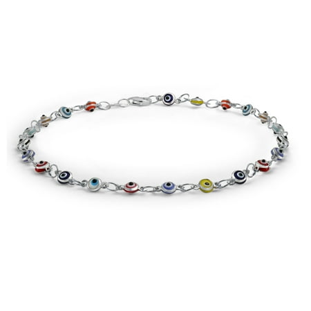 - Turkish Evil Eyes Multi Color Anklet Link Ankle Bracelet 925 Sterling Silver 10 Inch