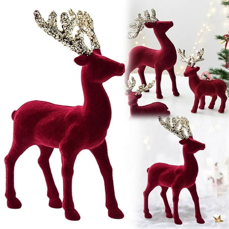 Christmas Decorations Indoor Outdoor Clearance 2024 New Interior Decoration Christmas Glitter Wine Red Flocking Deer Decoration Christmas Tree Decoration Deer Statue Plush Interior Door Farmhouse
