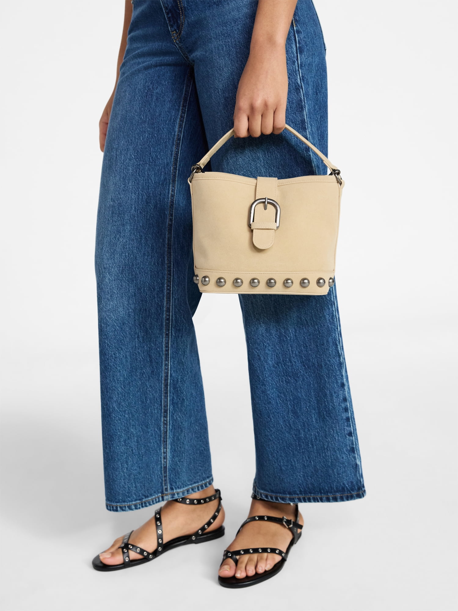 No Boundaries Women's Studded Faux Suede Moto Bucket Bag, Beige