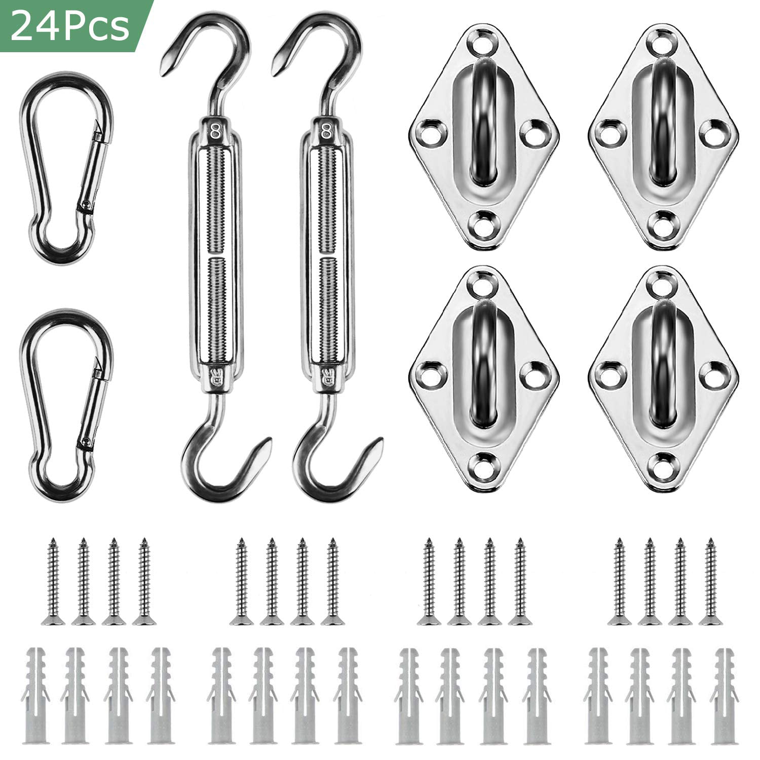Sun Shade Installation Kit 8pcs/Set Stainless Steel Sun Sail Hardware Kit with 2 Turnbuckles 2 Hooks 4 Mounting Pad Eyes for Outdoor Patio Covering 